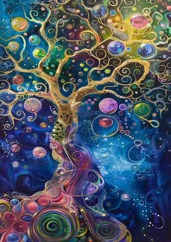 Tree of life with colorful bubbles and swirls