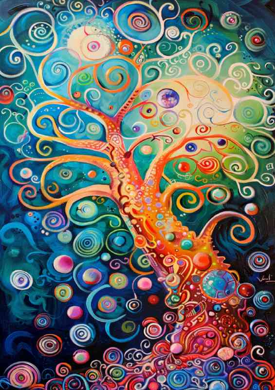 Tree of life with colorful bubbles and swirls details