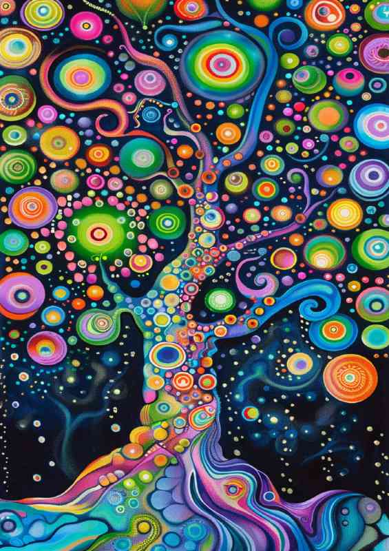 Tree of life with colorful bubbles growing from its branches