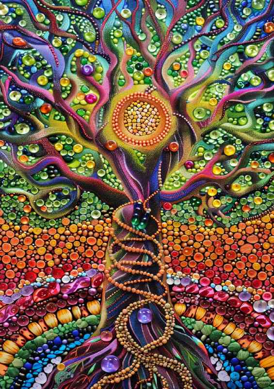 Tree of life with many multicolored glass beads