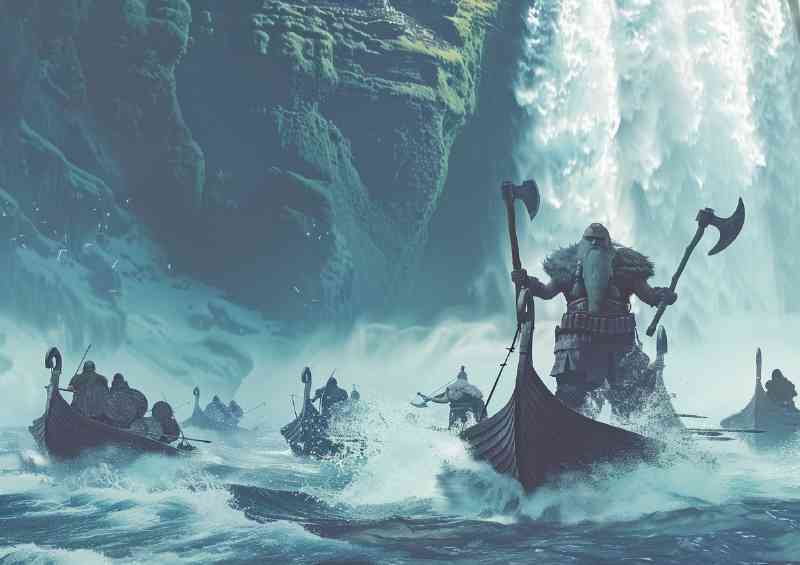Giant god of the sea stands on top of many Vikings