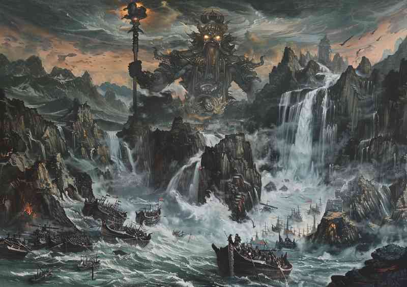 Giant god with glowing eyes holding a mace standing viking ships