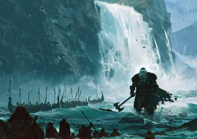 Giant god with glowing eyes stands with Vikings