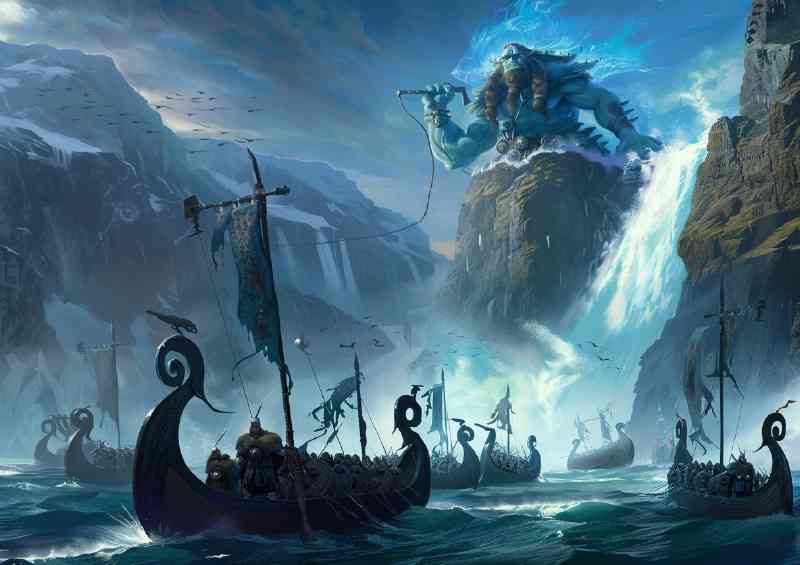 God stands on the bow of an mountain protecting vikings