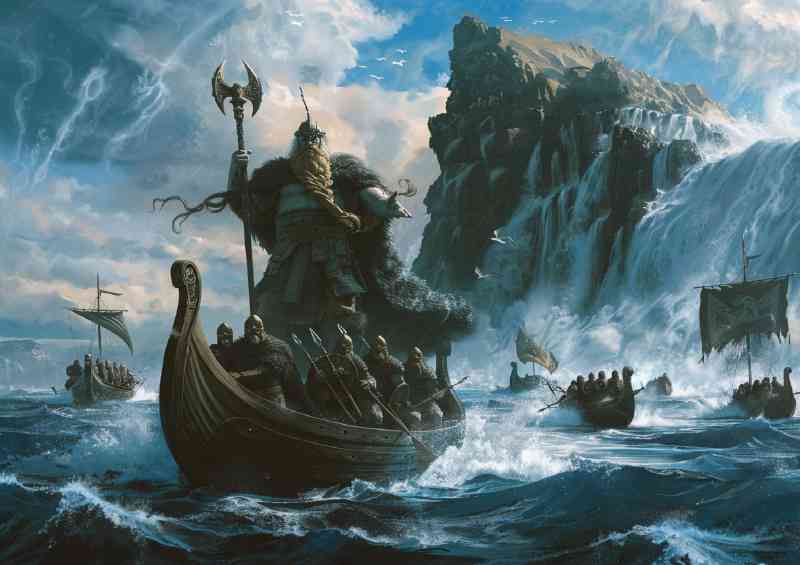 Odin god stands on top of many Vikings