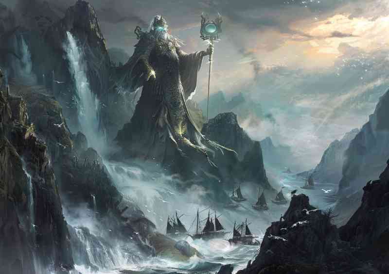 Odin god with glowing eyes protecting viking ships