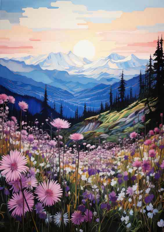 Landscape Mountain With Array Of Purple Flowers