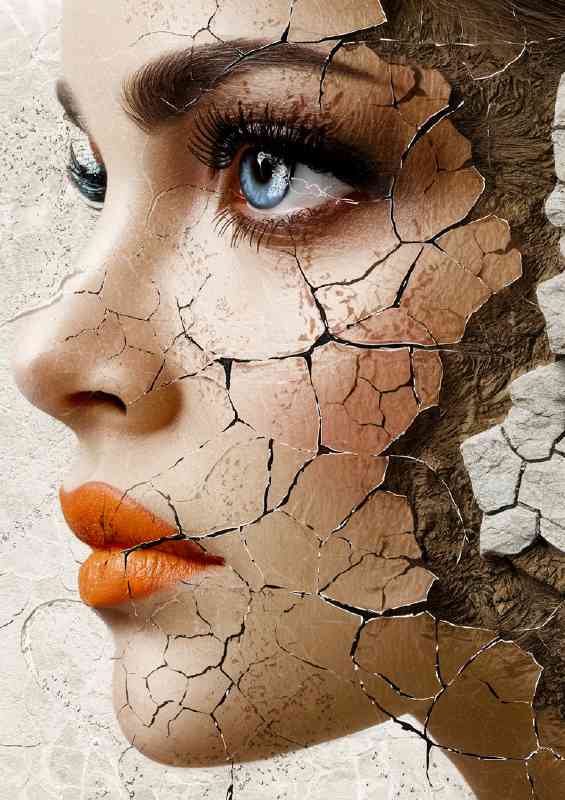 Blue eyes womans face cracked