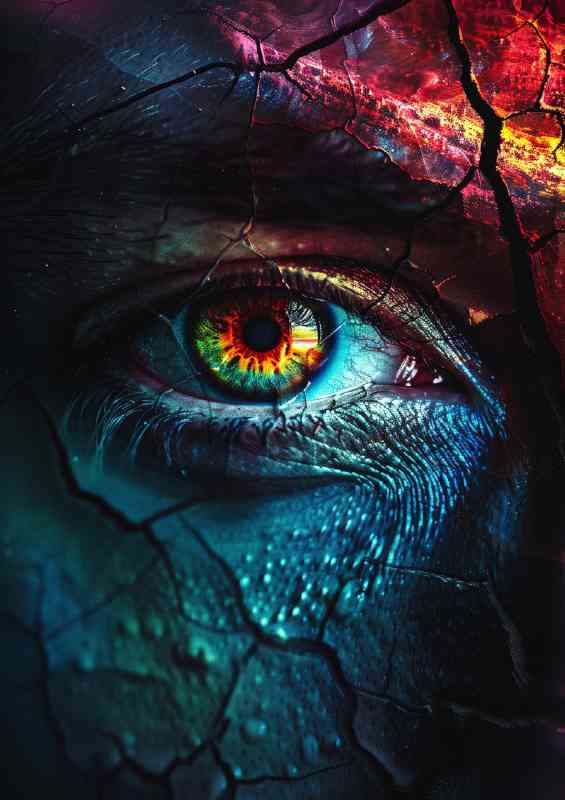 Cracked colourful face glowing eye