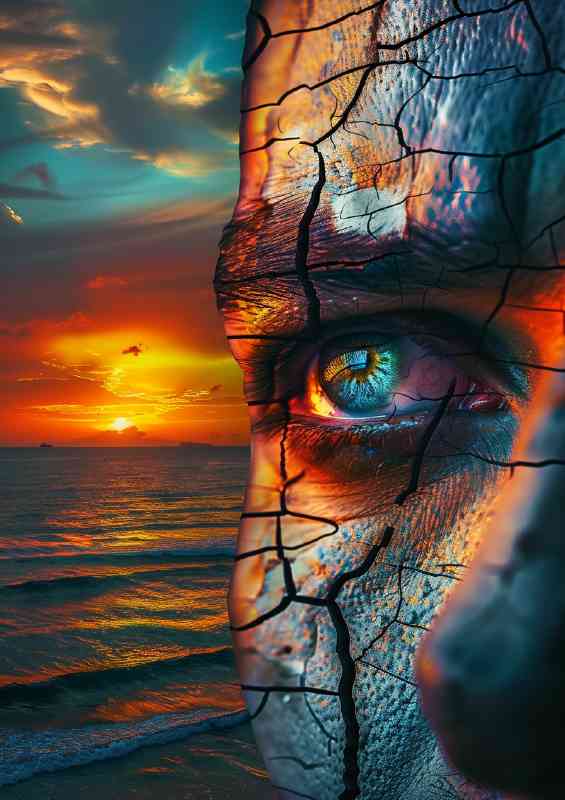 Cracked colourful face with sunset