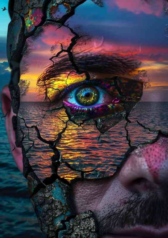 Cracked face ocean behind