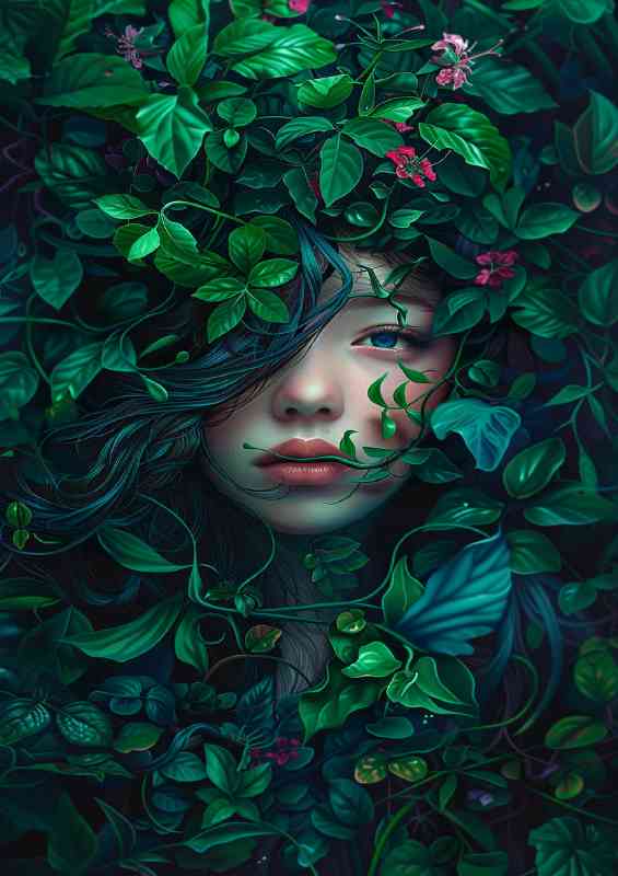 Enchanting girls face behine the folliage