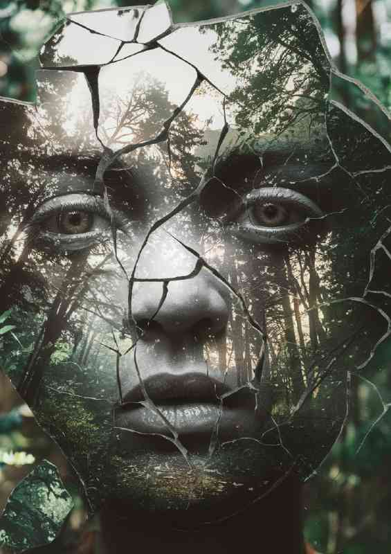 Fragmented face seemingly in the woods