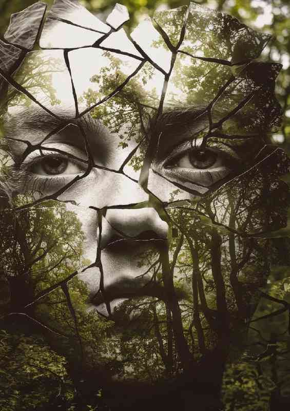 Fragmented face seemingly made of shattered glass