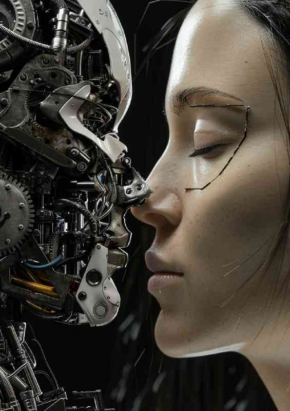 Lady and the mechanical robot faces