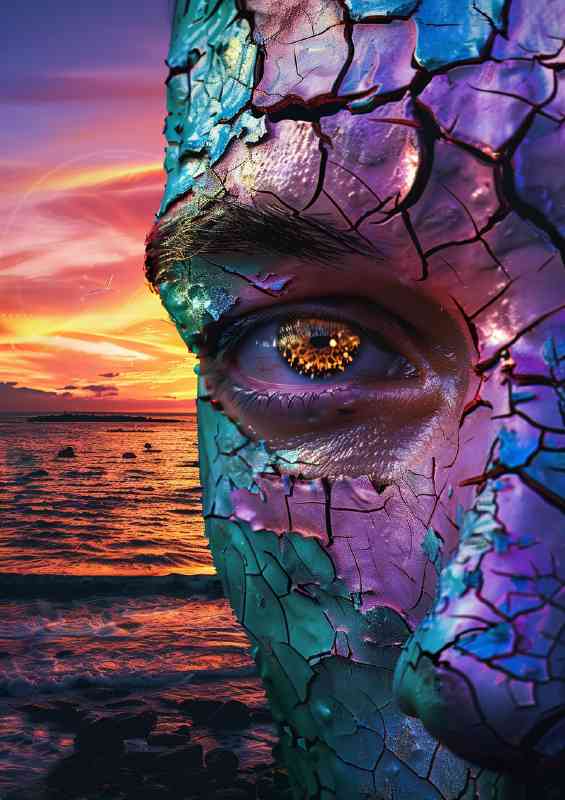 Mans face with ocean and setting sun
