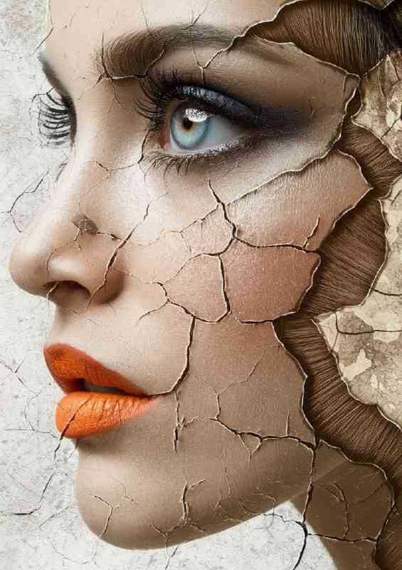Red lips womans face cracked