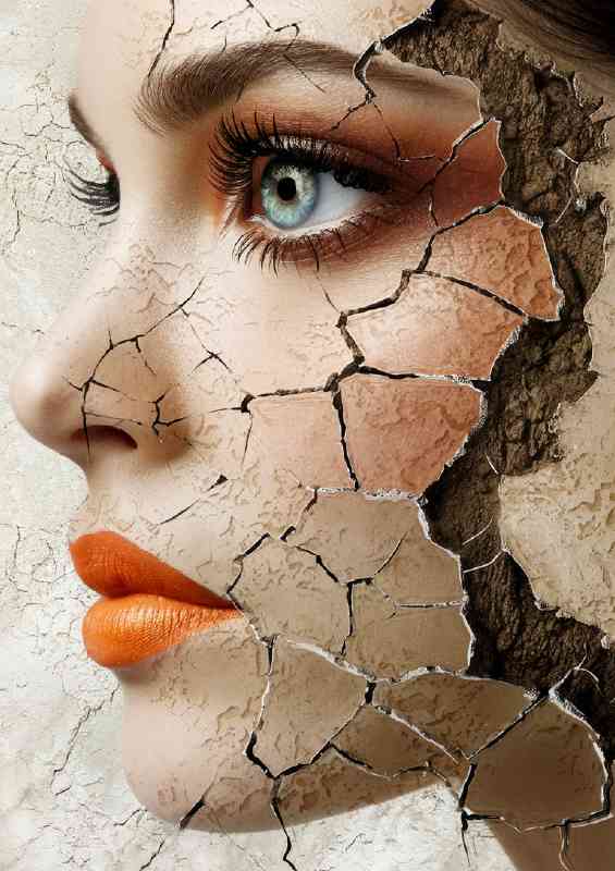 The cracked face with red lipstick