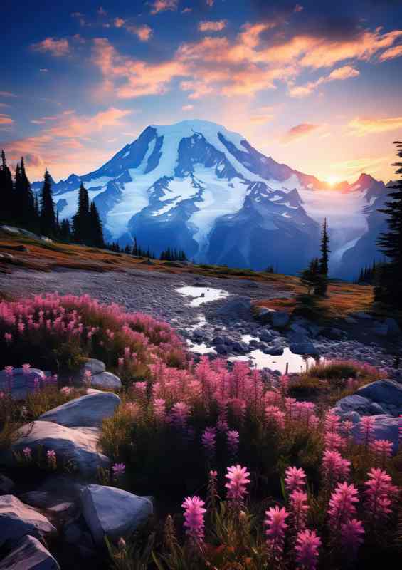Mountain And Grassland With Purple Flowers