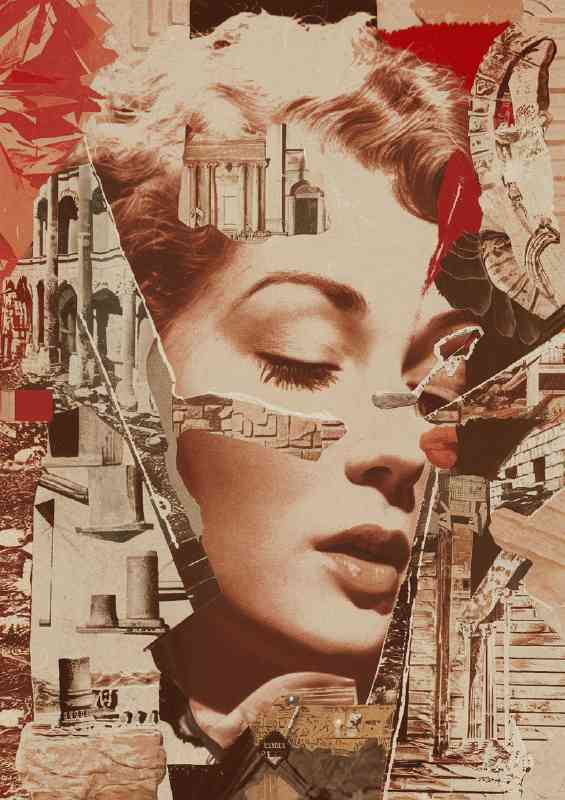 Vintage collage with a woman s face in the Center