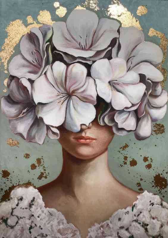 Woman with the arranged flowers in her hair | Metal Poster