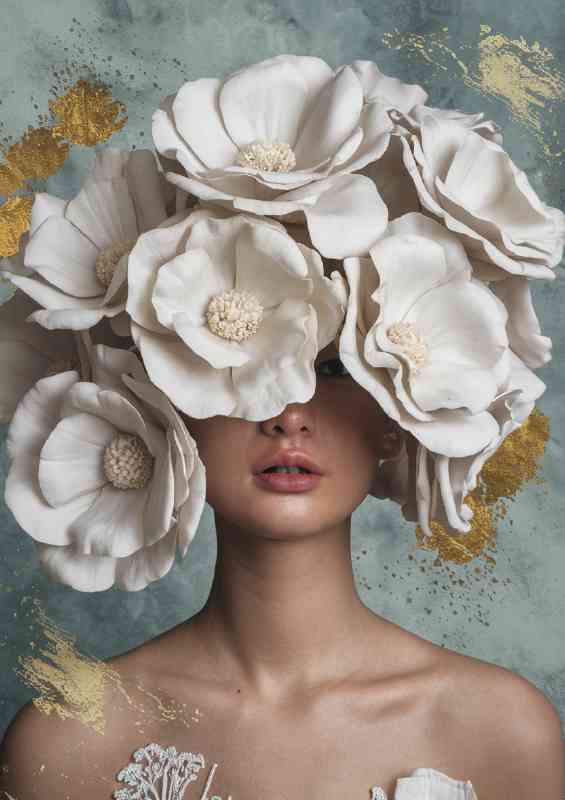 Woman with unique arrangment of white flowers on her face