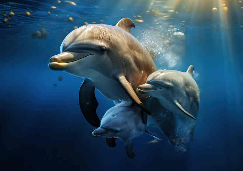 Dolphins swimming through the blue clear waaters