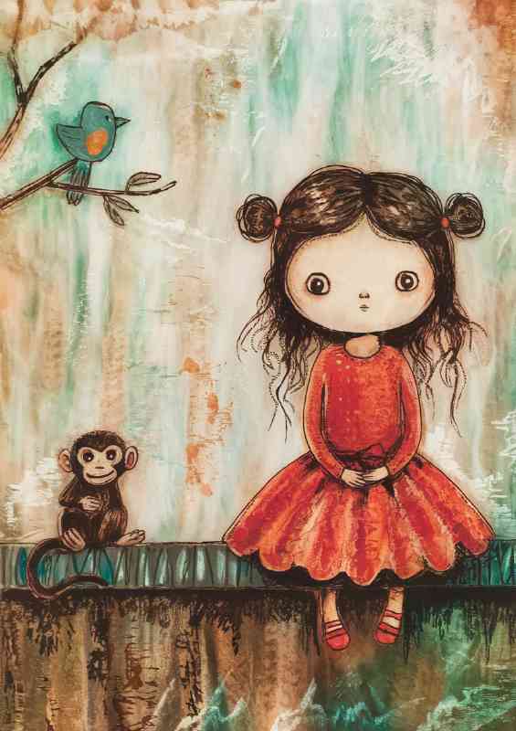 Artistic representation of a young girl with monkey | Metal Poster