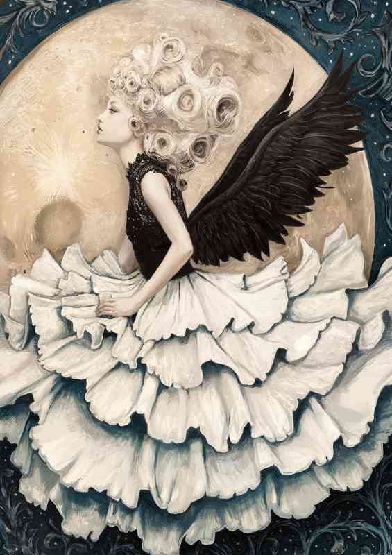 Ethereal scene of a female figure with black wings
