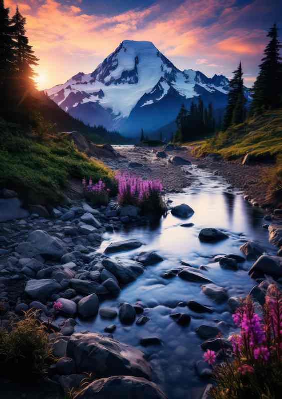Mountain Surrounded By Purple Flowers In The Stream