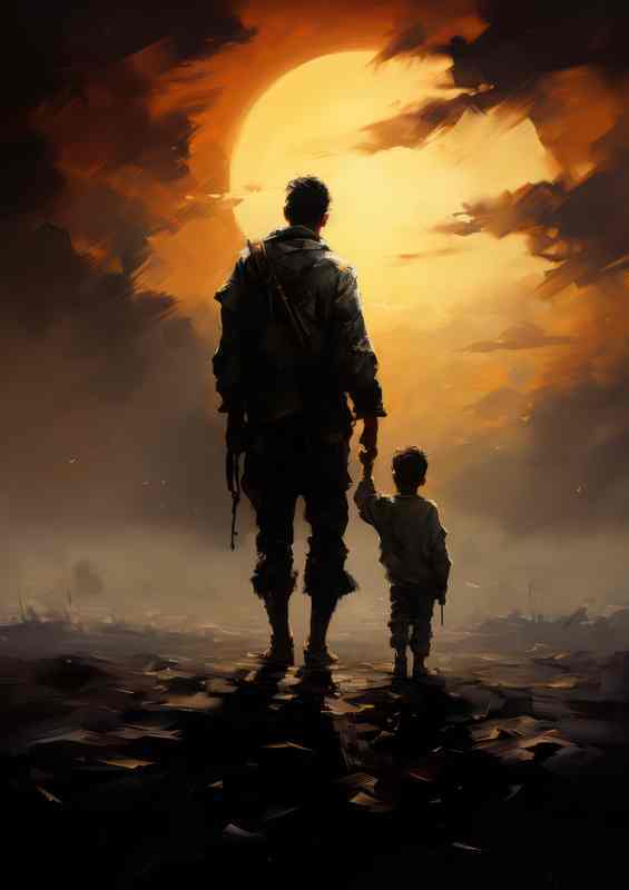 Boy and soilder walking off in the sunset