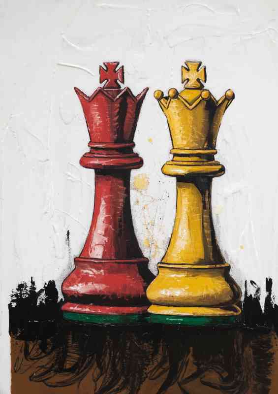 Mixed media artwork of two chess pieces standing
