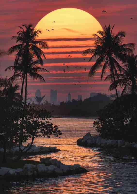Nightime landscape with layered golden setting sun