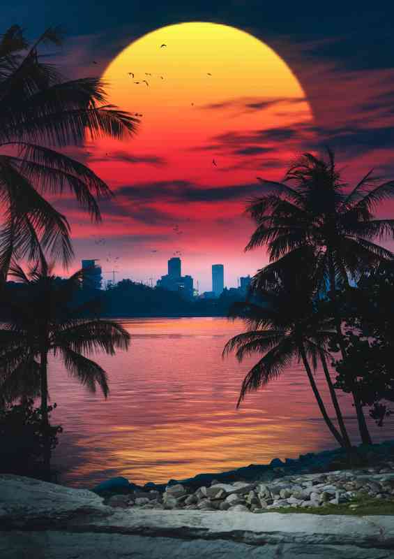 Nighttime landscape with orange red setting sun