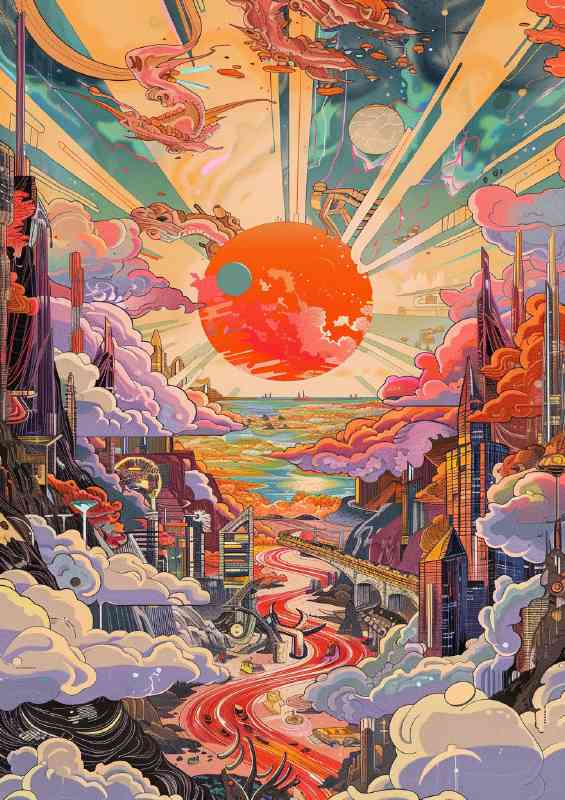 Surreal orange sun fluffy clouds