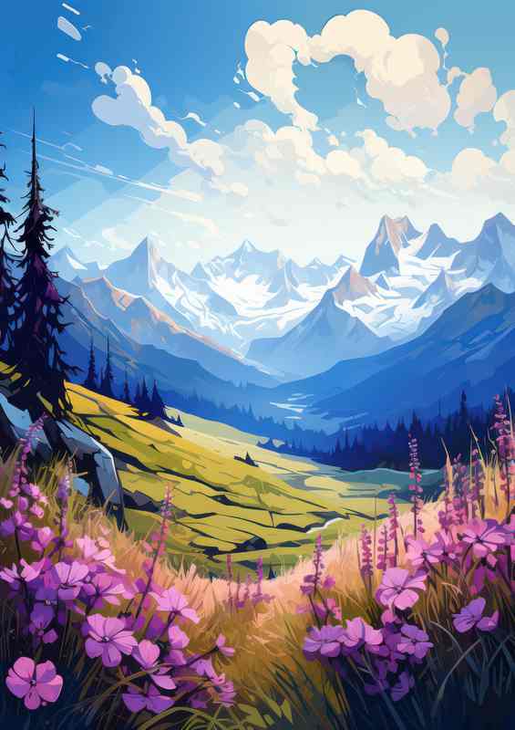 Purple Flowers & Mountains Nestled