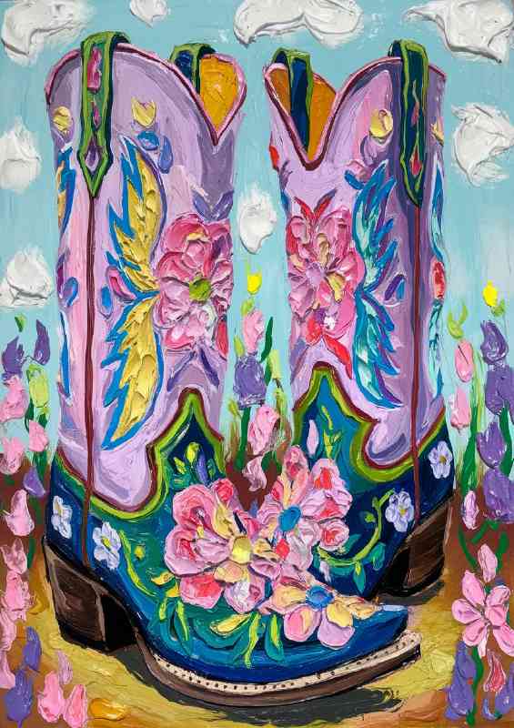 Vibrant painting of a pair of ornately decorated boots