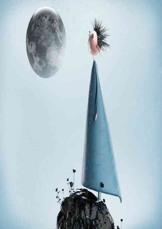 Whimaical boy on the mountain looking at moon
