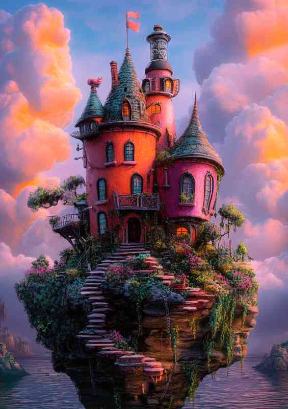 Whimsical house in pink on the edge of an island