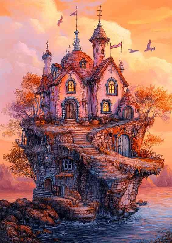 Whimsical house on the edge of an island
