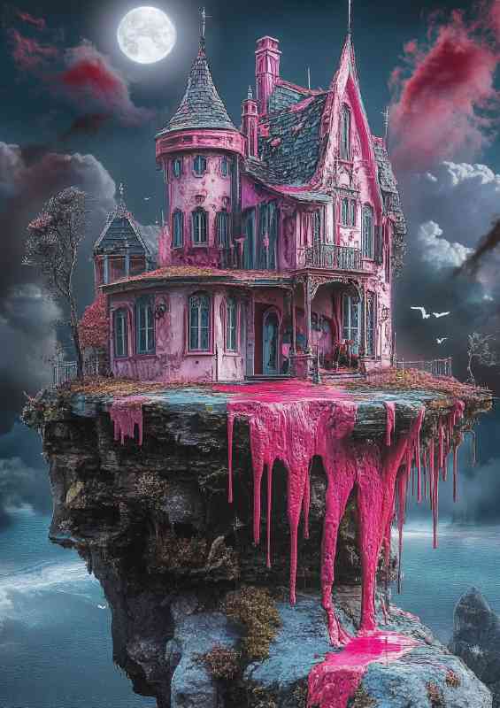 Whimsical house on the edge of an island with pink