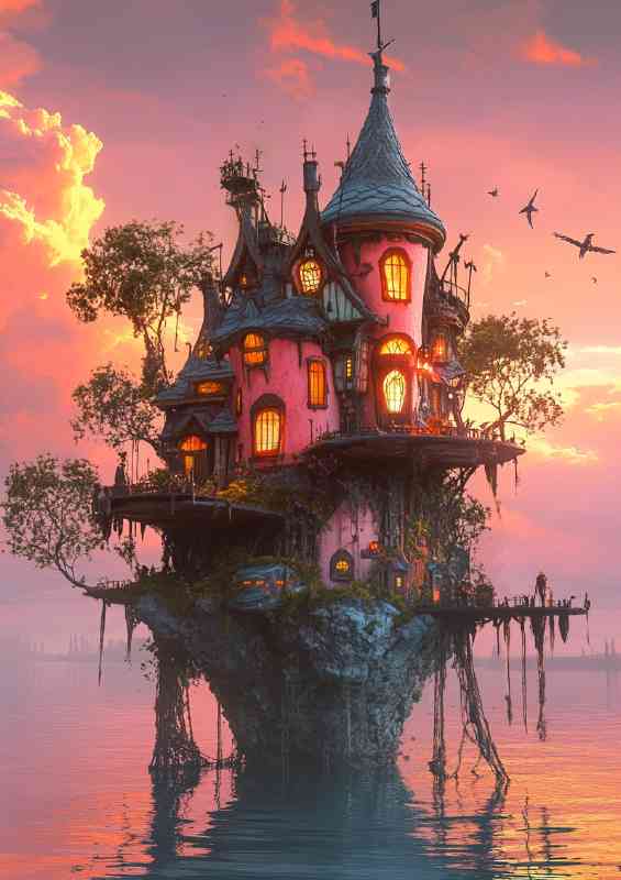 Whimsical house on the edge of an island with pink lake