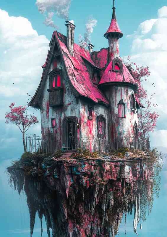 Whimsical pink roof house on the edge of an island