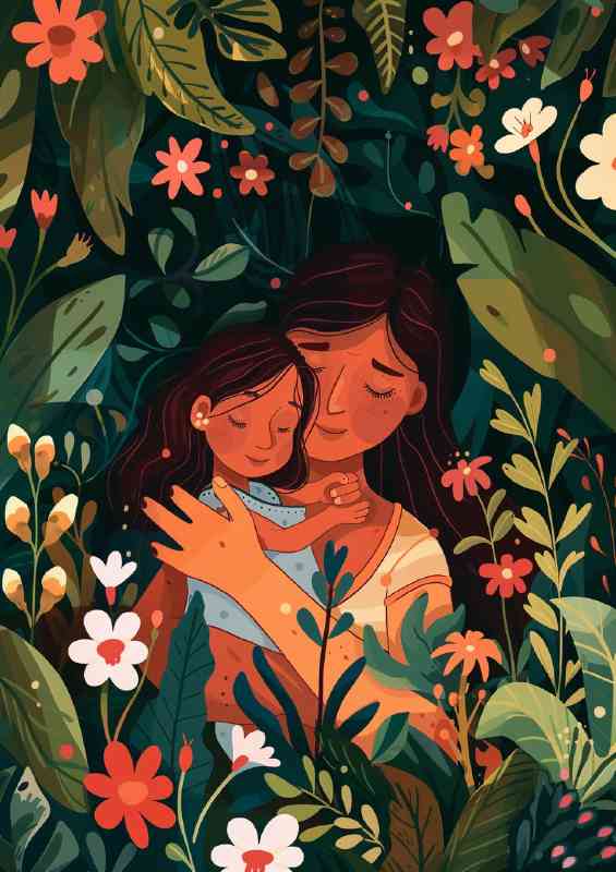A Mother embracing her daughter in the forest