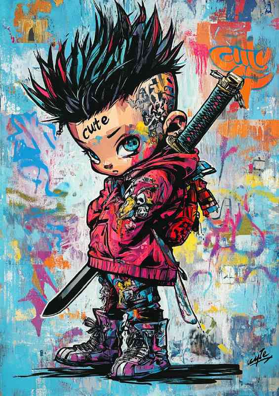 A Punk kid with tatoos and swords