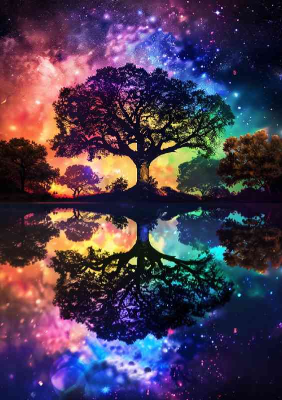 A colorful tree of life with reflection in the lake