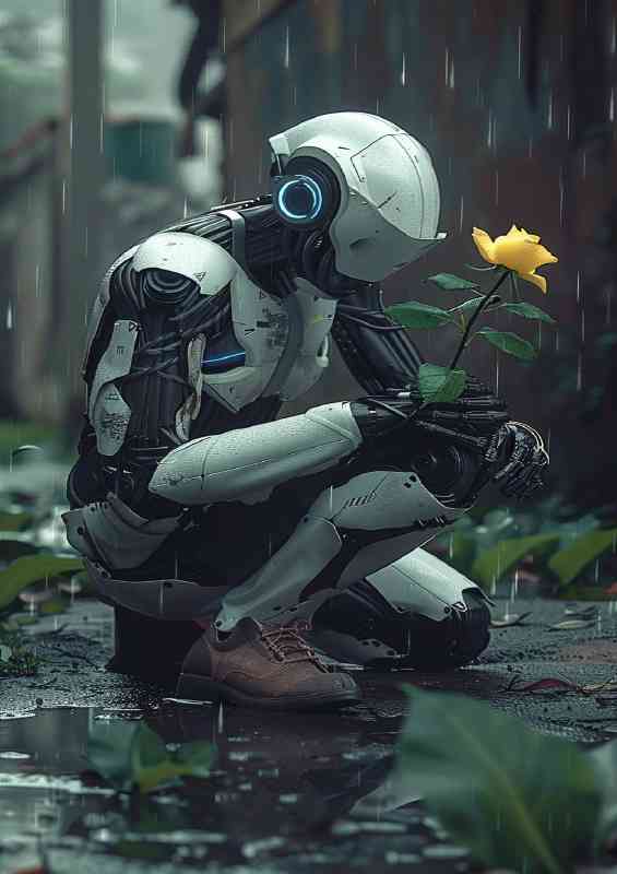 AI robot kneeling down in the rain