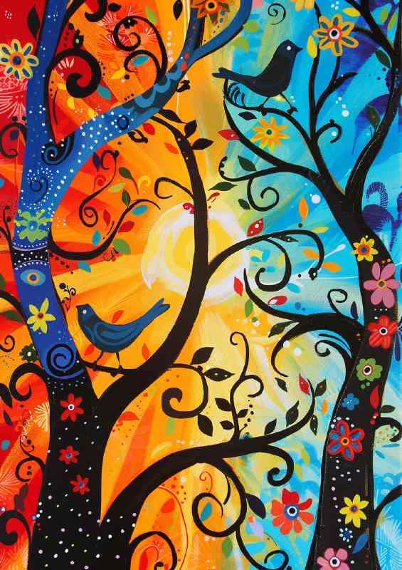 Abstract birds on a magical swirly trees
