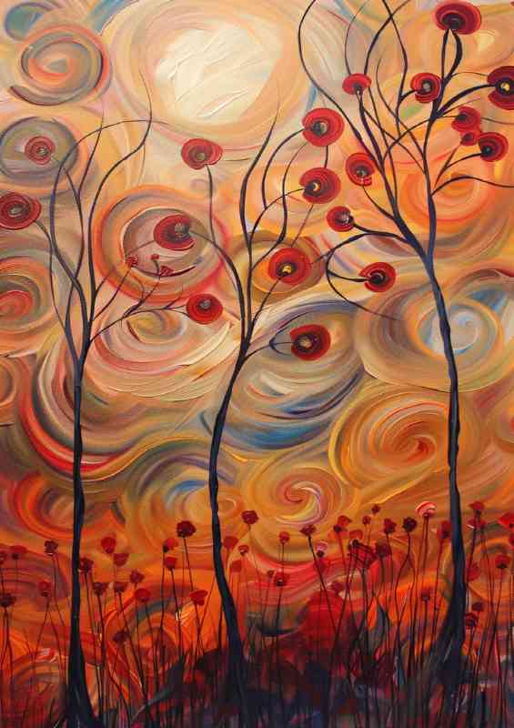 Abstract painting of trees with red leaves and sun