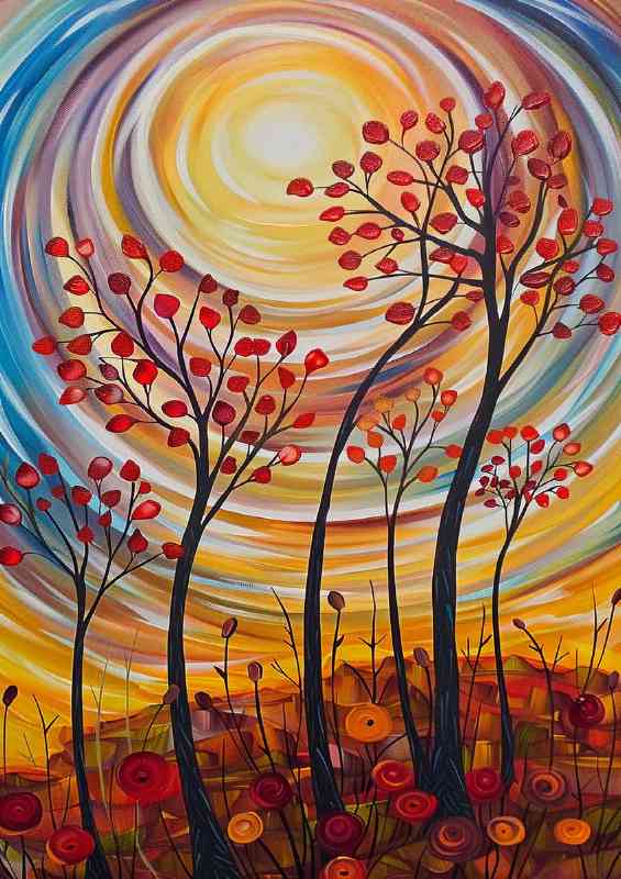 Abstract painting of trees with red leaves sun